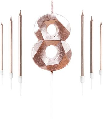 Rose Gold 8th Birthday Set, Number 8 & Long Candles, Birthday Candles With Cake Topper Decorations for Party & Wedding