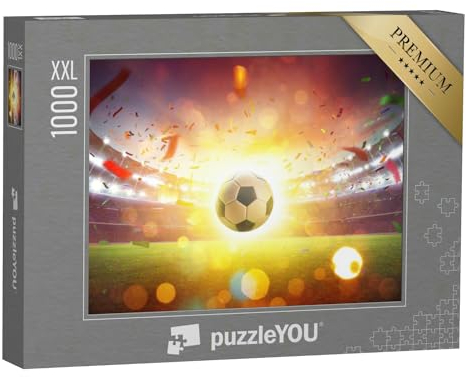 Puzzle 1000 Teile XXL „Schwimmender Fußball im Fußballstadion mit Rauch und Bokeh abstrakt“