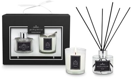 Römer Wellness Geschenkset Sparkling Moments: ROMOSCENT Raumduft (80ml) & Duftkerze (130 g) im Glas, edle Schwarz-Weiß Optik in Geschenkkarton, ca. 24.5 x 18 x 7.5 cm