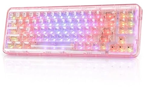 YUNZII X71 Transparente Mechanische Tastatur mit transparenten Tastenkappen,BT5.0/2.4G/USB-C Kabelgebundene Tastatu 68% Layout,kabellose RGB-Tastatur mit Dichtung für Win/Mac(Crystal Ice Switch,Pink)