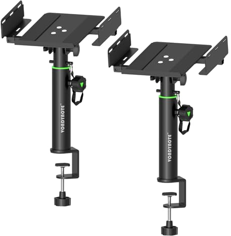Vondynote Set of 2 Dual Side Clamping Studio Monitor Stands Desk Clamp Speaker Stands 0-12°Tilt Height Adjustable Extendable Top Plate Mounted by Screws