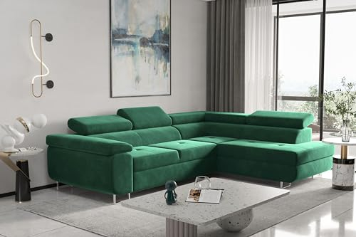 Kaiser Möbel, Ecksofa mit schlaffunktion, mit Bettkasten, Schlafsofa Atom Lux, Designer Sofa, Modern Design Couch, Polsterecke, Freistehend, Stoff Monolith Klasse A, Grün Rechts