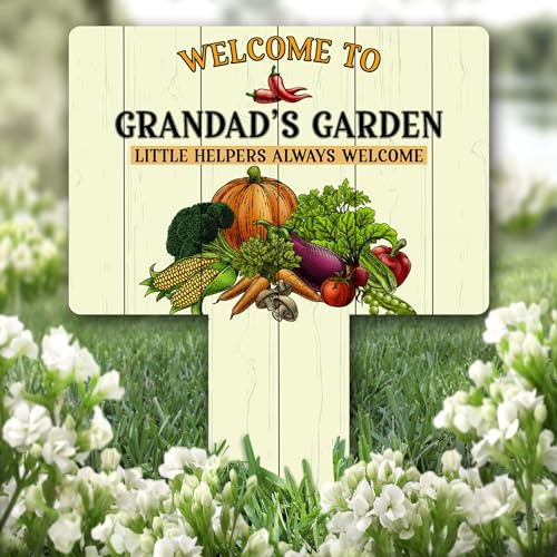 Fingerprint Designs Vegetable Welcome To Grandad's Garden Personalised Gift Garden Plaque Sign Stake |Personalised Outdoor Garden Sign Plaque Decoration Marker Garden Ground Stake
