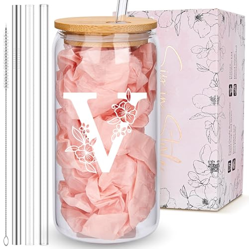 Personalized Tumbler, Monogrammed Can Glass Cups with Bamboo Lids and Straws, Customized Gifts for Women, Cute Design Initial Iced Coffee glasses, Custom Letter Mug, Birthday Bridesmaid, V