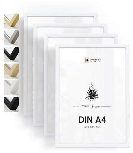 Heimlich® - Bilderrahmen - A4 21x30 cm, Ayous-Holz, Weiß, 4er-Pack - Urkunden-, Diplom- und Dokumentenrahmen mit Folienabdeckung - Wandmontage oder Tischaufsteller