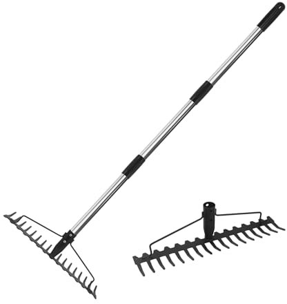 Rastrello da giardino, rastrello lungo in metallo, 120 cm, con 17 denti, rastrello da giardino con gambo, per allentare il terreno e livellare prato, erbacce rastrello, rastrello da fieno, rastrello
