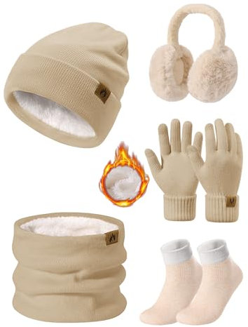 PASUDA Mützen Schal Handschuhe Damen Winter 5 Stücke Set Warme Fleece Gefütterte Beanie Wintermütze Halswärmer Touchscreen Handschuhe Plüsch Ohrenschützer Verdickte Socken Winterset (Khaki, One Size)