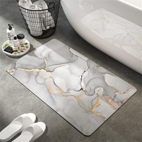 Chickwin Tapis de Bain Absorbant Sechage Rapide, Imprimé Marbre Tapis de Salle de Bain en Diatomite Tapis Bain Antidérapant Tapis Salle de Bain Tapis de Sortie de Douche (50x80cm,Gris Clair)
