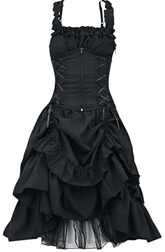 Womens Steampunk Corset Dress UK Sale Clearance, Ladies Victorian Ruffle Vintage Dress Gothic High-Low Dresses Lace up Punk Medieval Dress Elegant Spaghetti Strap Dress Skirt Retro Cocktail Dress