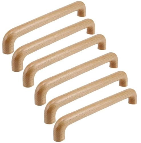 HDJNal 6PCS Natural Wooden Knobs Cabinet Cupboard Door Drawer Dresser Hole Distance 160mm Pull Wood Handles for Dresser Drawer Wardrobe