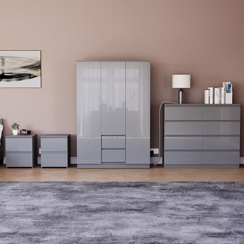 Vida Designs Glinton High Gloss 4 Piece Bedroom Furniture Set, 3 Door 2 Drawer Wardrobe, 6 Drawer Chest & 2 Bedside Cabinets (Grey)