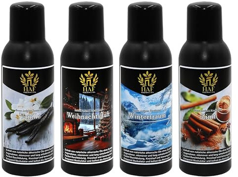 HAF® Saunaaufguss Konzentrat Set Weihnachtszauber | 4 x 250 ml Saunaduft mit Vanille, Weihnachtsduft, Wintertraum, Zimt | Saunaöl aus 100% natürlichen ätherischen Ölen