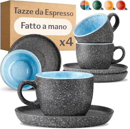 Cosumy Set de 4 Tazas de Espresso con Platillos - 90 ml de Cerámica - Juego de Café Moderno - Gres Grueso con Esmalte Reactivo Hecho a Mano - Mantiene el Calor por Más Tiempo (Azul)