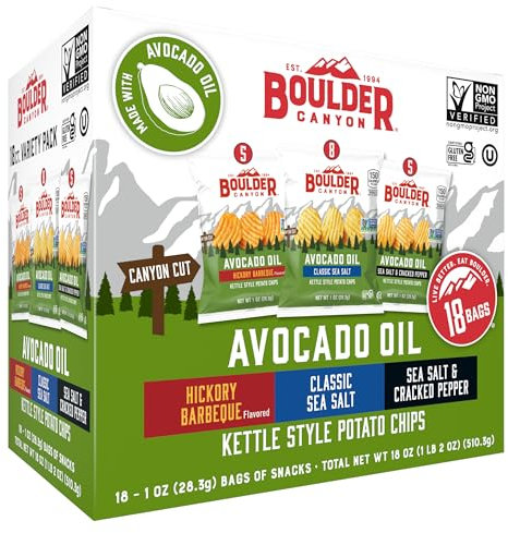Boulder Canyon Avocado Oil Kettle Style Potato Chips Variety Pack, 18 Count - Gluten-Free, Non-GMO, Hickory Barbecue, Classic Sea Salt, Sea Salt & Cracked Pepper (1 oz Bags)
