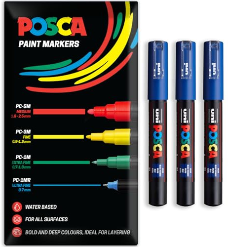 Posca Water Based Acrylic Paint Marker Pens | Multi Surface Use Permanent Paint Pen | Pack of 3 Pens in Envelope Gift Packaging | Glass, Fabric, Canvas, Wood etc | PC-1M, Blue