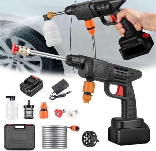 Idropulitrice a Batteria, 48 V Max 90 Bar Idropulitrice Portatile con Ugello Multispruzzo 6 in 1, Tubo da 5M, Lancia di Prolunga, Strumento per La Pulizia Dell'auto da Esterno per Giardino