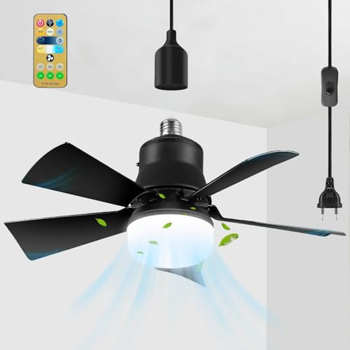 Ventilator Deckenleuchte mit Stecker 5M Kabel LED Klein Deckenventilator mit Beleuchtung und Fernbedienung Dimmbar Ventilator Deckenlampe, 3 Windstufen, Timing, E27 Sockel, Leise Decken Ventilator