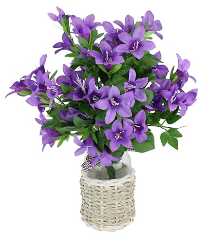 Flair Flower Glockenblumen-Strauß in Vase 36cm Sternblumen Kunstblumen Tischdeko Mittelstück Tisch Blumen Deko Dekoblumen Hochzeit Tischblumen Künstlich Bouquet Blumenstrauß Lilien Flieder
