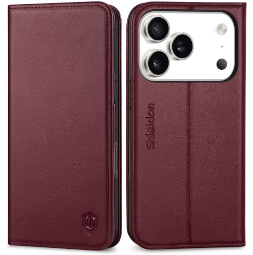 SHIELDON Echtleder Hülle für iPhone 17 Pro 6,3 5G 2025, Weinrot | Lederhülle, Magnetverschluss, Kartenschlitz, Ständer, RFID-Blocker, Handy-Ösen, Cover Etui, TPU Case, Klapphülle
