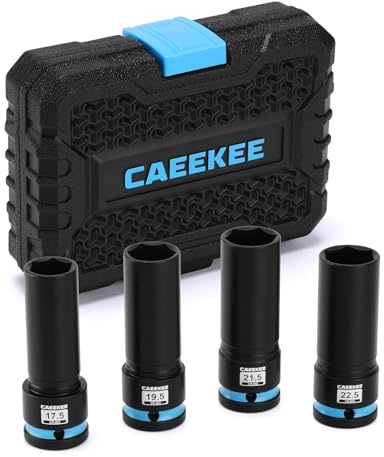 CaeeKee 4-Piece 1/2 Drive Lug Nut Impact Socket Set, Non-Marring Thin Wall Wheel Protector Socket，CR-MO, Metric 17.5, 19.5, 21.5, 22.5mm