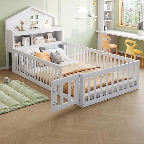 Kebnor Letto 90 x 200 cm – Bettrahmen aus Massivholz, mit Ablagen und Staufach, mit Schutzgitter und Seitenteil, mit Schachbrettmuster-Leiste, mit Lattenrost (weiß)