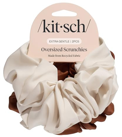 Kitsch Übergroße Haargummis aus recyceltem Stoff, Kamelfarben und Creme, 2 Stück