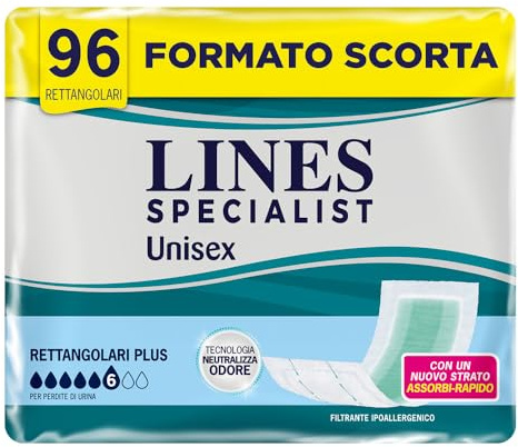 Lines Specialist Pannoloni Rettangolari, Pannoloni per Incontinenza Donna e Uomo, Asciutto Lampo, Tecnologia Neutralizza Odore, Assorbenza Plus, Taglia Unica, Scorta da 96 Unità | per perdite di urina medie e abbondanti, Tecnologia Neutralizza Odore,Assorbenza Plus, pacco Scorta, 4 confezioni da 24 unità