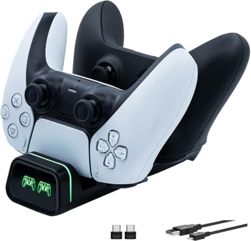 Controller Charging Station for PS5, Controller Charger Compatible with PS5, Xbox Elite 2, N-Switch Pro and Google Controller with 2 Dongle Type C Adapters and LED Indicator Lights
