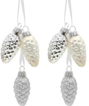 2 Stück Edler Lauschaer Christbaumschmuck - Krebs Glas Lauscha - Christbaumschmuck Glaszapfen 2er Set mit 3 Tannenzapfen in Silber mit Textilband 6cm, Glanz, matt, glitzernd.