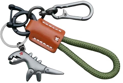 Oruiiju Porte-clés Dinosaure en Métal, Design Tressé avec Cuir et Paracorde, Pendentif Décoratif pour Sacs et Clés