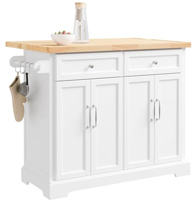 SoBuy Kücheninsel mit Klappplatte & Rollen, 115x92x(46-71)cm, für die Küche | Küchenwagen mit 2 Schubladen, verstellbaren Böden, Deckelhalter & Handtuchhalter, 98 kg Tragkraft, MDF/PB, FKW71-III-WN