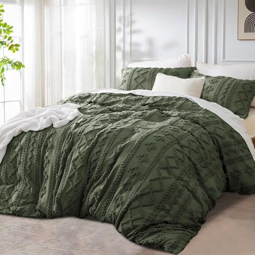 DXHOME Böhmen Bettwäsche 155x220cm Grün Olivgrün Getuftet Stickerei Vintage Boho Bettwäsche-Set Geometrische Bettbezug Bohemian Style Bettbezug mit Reißverschluss und 2 Kissenbezüge 80 x 80cm