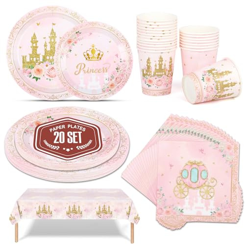 iuqiepo 101 Pcs Castle Party Plates Disposable Cutlery Set, Party Plates Cups and Napkins, Afternoon Tea Decorations, Pink BirthdayParty Decorations (Set of 20)