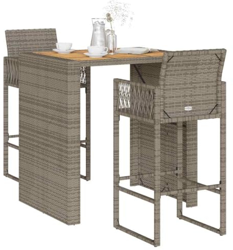 Ziaphsol 3-TLG. Gartenbar-Set Grau, wetterfestes Poly Rattan & Akazienholz, UV-beständig, Outdoor Möbel für Terrasse Balkon, stabile Barhocker mit Lehne, 110 kg Traglast