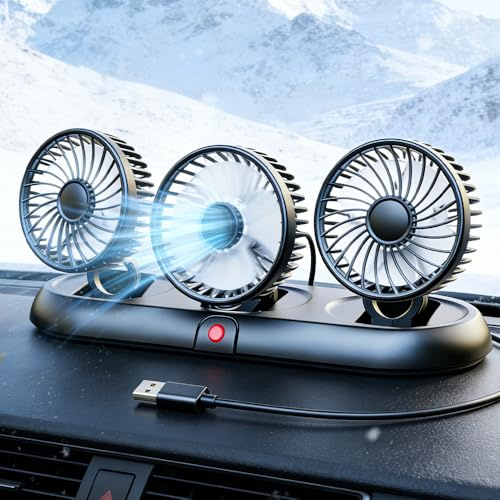KUWUNG Car Fan 3 Head, 5V USB Car Cooling Fan with 3 Speeds, 360° Rotatable Powerful Quiet Car Fans That Blow Cold Air, Portable Dashboard Auto Fans with Parking Plate for Cars, Truck, Office, Home