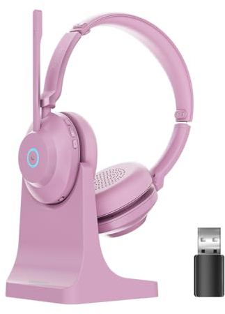 AxiomEar Bluetooth Wireless Headset with Mic for Work, Advanced Noise Reduction Microphone, Clear Calls - Comfortable On-Ear Headphones, Bluetooth 5.3, Applicable to Laptop, PC, Zoom, Office(Pink)