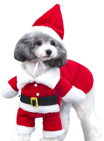 DELIFUR Haustier Weihnachtskostüme Hundeanzug mit Mütze Weihnachtsmann Anzug Hunde Hoodies Katze Weihnachtskostüme Partyanzug Warm im Winter (Rot,L)