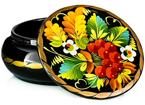 Sapfir UA Creations Geschenk-Schmuckschatulle für Ohrringe, Halsketten, Ringe, rundes Holzetui mit handbemalten Blumen auf schwarzem Lack, für Damen