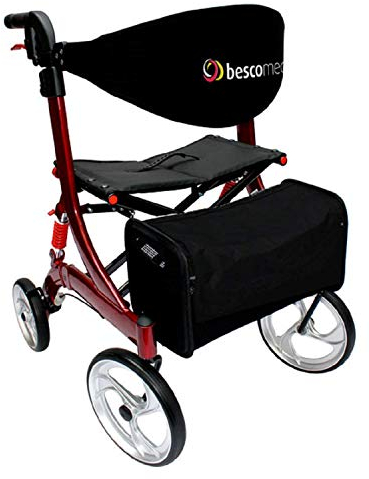 Leichtgewicht-Rollator Spring - Gehhilfe mit Komfort-Federung - höhenverstellbar & faltbar - inklusive Netztasche & Rückengurt - bequeme Sitzfläche - zusammenklappbar - Modell M Bordeauxrot