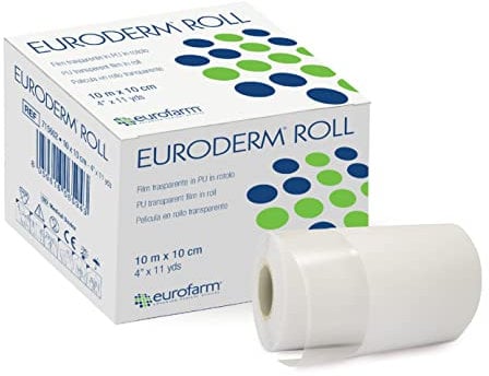 Euroderm Roll (mt.10 x cm.10) Film Adesivo di Poliuretano Trasparente in Rotolo, Impermeabile e Altamente Traspirante. Può essere tagliato nella misura desiderata. Made in Italy