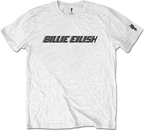 Billie Eilish White Unisex T-Shirt. Black Racer Logo (Sleeve Print) (XX Large)