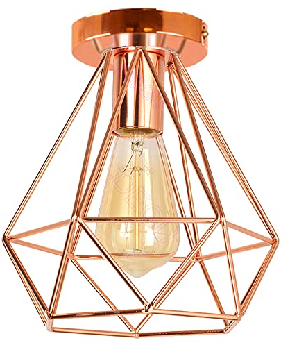 iDEGU Vintage Pendant Light Industrial Metal Cage Diamond Lamp Shape E27 Ceiling Light Fixture for Bedroom, Cafe, Bar, Restaurant, Kitchen, Rose Gold (20cm)