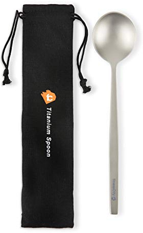 Titanium Long Handled Spoon with a Biggest Bowl, 8.7 inch/221 mm Round Titanium Spoon Comes with a Perfect Soup Size Bowl to Make It a Great Outdoor Companion Camping Spoon with Waterproof Case