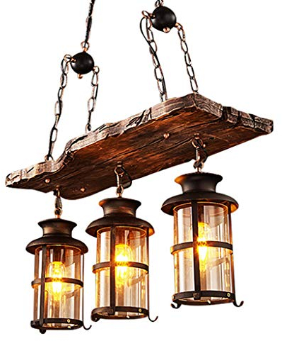 Holz Schmiedeeisen Pendelleuchte Antik Hängelampe E27 Esstisch Kronleuchter Vintage Hängeleuchte Industrial Droplights Retro Industrie Leuchter Landhaus Pendellampe Schlafzimmer Wohnzimmer 3 Lichter