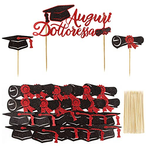 25Pz Toppers Laurea per Torta Auguri Dottoressa Rosso Segnaposto Decorazione Cupcakes Toppers Addobbi Gadget per Festa Laurea Graduation