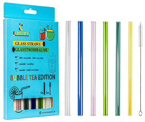 KUNSTIFY 6x BUBBLE TEA Glasstrohalme für Bubble Tea Perlen Cocktails - in 6 bunten Farben (Color Mix, BUBBLE TEA)