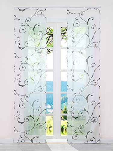 ESLIR Schiebegardinen Set 2er Flächenvorhänge Gardinen mit Klettband Schiebevorhang Transparent Vorhang mit Ranken Muster Voile Schwarz BxH 57x225cm 2 Stück