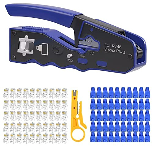 RJ45 Crimping Kit with 50 Connectors, All-in-One Cable Cutter, Stripper & Crimper, Pass-Through CAT6 CAT5e CAT5, Ethernet LAN Network Installation & Repair Set
