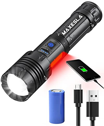 Maxesla COB LED Torch Rechargeable 3000LM, 3000mAh Battery Torches LED Super Bright with Side Light, IPX5 Waterproof Rechargeable Torch 7 Modes Adjustable Focus, XHP70.2 Camping with USB Port
