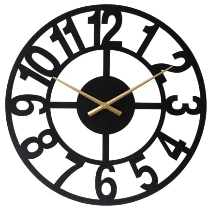 LW Collection Wanduhr Jannah Schwarz mit goldenen Zeigern 60cm - Große industrielle Wanduhr Metall - Moderne Wanduhr - Leises Uhrwerk - Stille Uhr